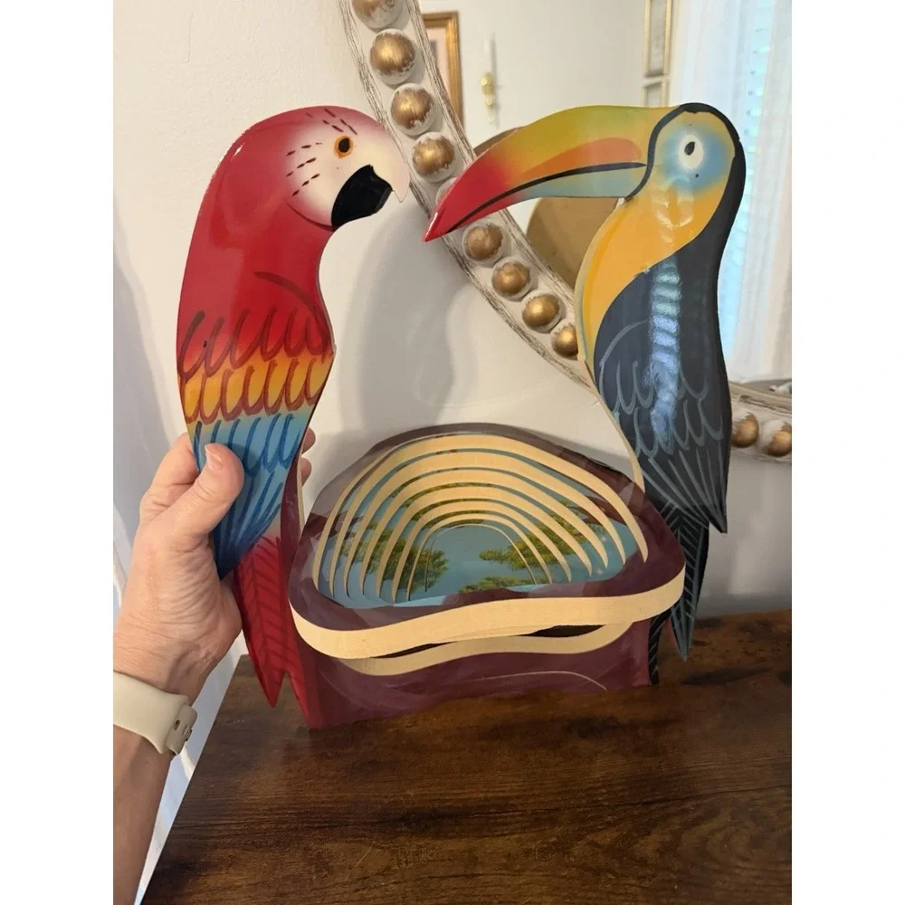 Vintage Tropical Toucan Parrot Collapsible Wooden Fruit Basket Folk‎ Art